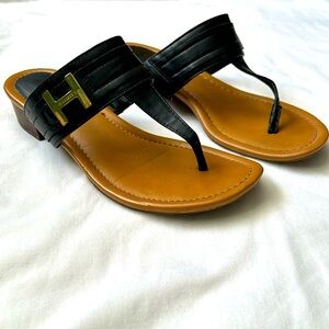 Black Tommy Hilfiger sandals with gold H accent. Size 7.5